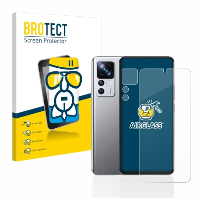 Front side of a product packaging with the brand logo BROTECT. Next to it is the device Xiaomi 12T Pro (Front+Camera) shown wi