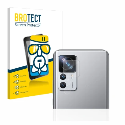 Front side of a product packaging with the brand logo BROTECT. Next to it is the device Xiaomi 12T Pro (ONLY Camera Lens) show