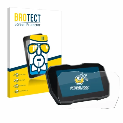 Front side of a product packaging with the brand logo BROTECT. Next to it is the device Ducati Multistrada V4 2021+ shown with