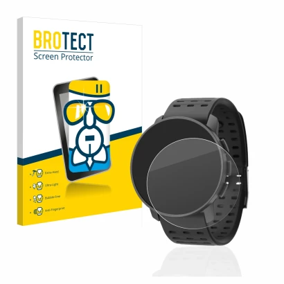 Front side of a product packaging with the brand logo BROTECT. Next to it is the device Suunto 9 Peak Pro shown with the corre