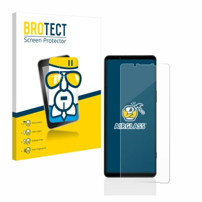 Front side of a product packaging with the brand logo BROTECT. Next to it is the device Sony Xperia 1 V shown with the corresp