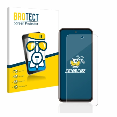 Front side of a product packaging with the brand logo BROTECT. Next to it is the device HTC U23 Pro shown with the correspondi