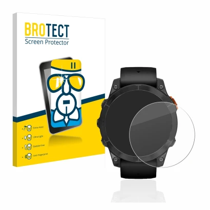 Front side of a product packaging with the brand logo BROTECT. Next to it is the device Garmin Fenix 7 Pro Solar (47 mm) shown