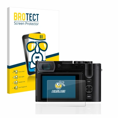 Front side of a product packaging with the brand logo BROTECT. Next to it is the device Leica Q3 shown with the corresponding 