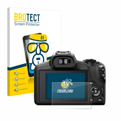 Front side of a product packaging with the brand logo BROTECT. Next to it is the device Canon EOS R100 shown with the correspo