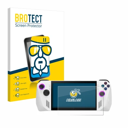 Front side of a product packaging with the brand logo BROTECT. Next to it is the device ASUS ROG Ally (2023) RC71L shown with 