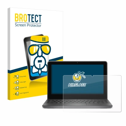 Front side of a product packaging with the brand logo BROTECT. Next to it is the device Dell Latitude 3140 2-in-1 shown with t