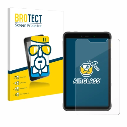 Front side of a product packaging with the brand logo BROTECT. Next to it is the device Ulefone Armor Pad 8 shown with the cor