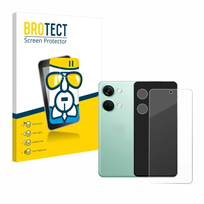 Front side of a product packaging with the brand logo BROTECT. Next to it is the device OnePlus Nord 3 5G (Front+Camera) shown