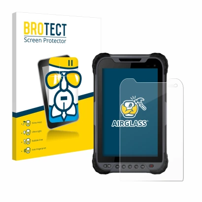 Front side of a product packaging with the brand logo BROTECT. Next to it is the device Stonex UT32 Rugged Tablet shown with t