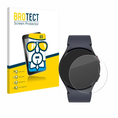 Front side of a product packaging with the brand logo BROTECT. Next to it is the device Samsung Galaxy Watch 6 (40 mm) shown w
