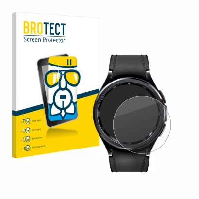 Front side of a product packaging with the brand logo BROTECT. Next to it is the device Samsung Galaxy Watch 6 Classic (43 mm)