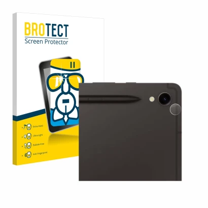Front side of a product packaging with the brand logo BROTECT. Next to it is the device Samsung Galaxy Tab S9 WiFi (ONLY Camer