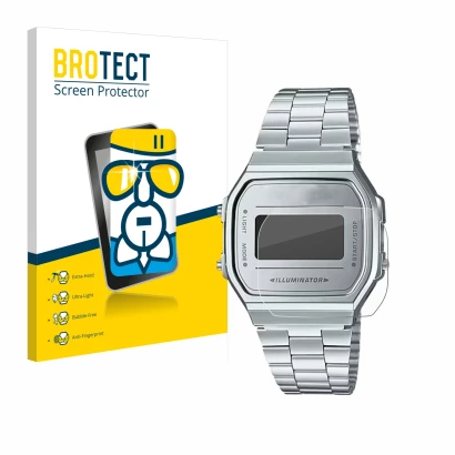 Front side of a product packaging with the brand logo BROTECT. Next to it is the device Casio A168WEM-7EF shown with the corre