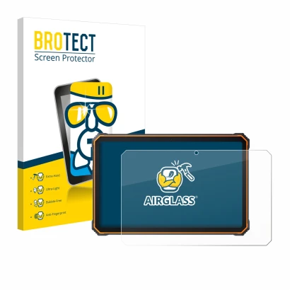 Front side of a product packaging with the brand logo BROTECT. Next to it is the device Blackview Active 8 Pro 10.36" shown wi