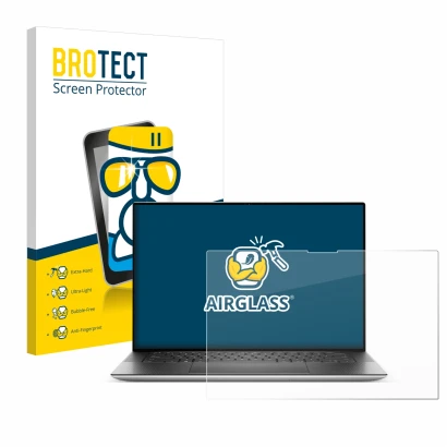 Front side of a product packaging with the brand logo BROTECT. Next to it is the device Dell XPS 15 9530 Touch shown with the 