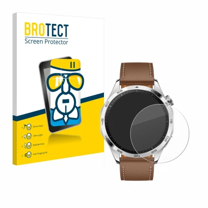 Front side of a product packaging with the brand logo BROTECT. Next to it is the device Huawei Watch GT 4 (46mm) shown with th