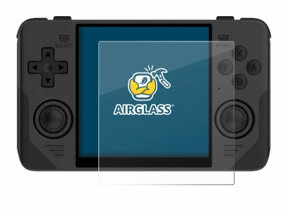 Image of the device Powkiddy RGB30 with a wide variety of screen protectors.