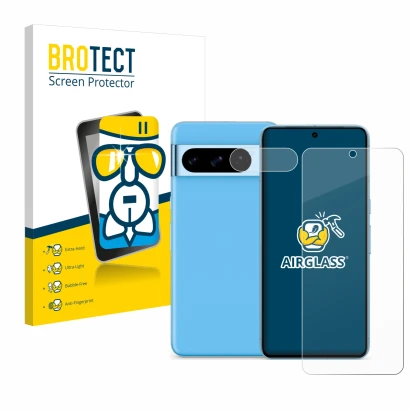 Front side of a product packaging with the brand logo BROTECT. Next to it is the device Google Pixel 8 Pro (Front+Camera) show