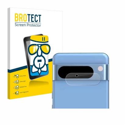 Front side of a product packaging with the brand logo BROTECT. Next to it is the device Google Pixel 8 Pro (ONLY Camera Lens)