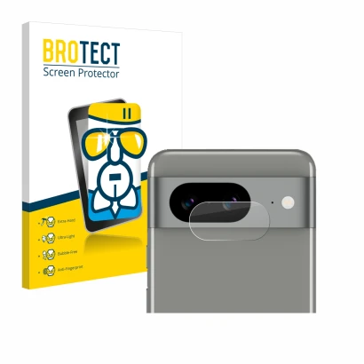 Front side of a product packaging with the brand logo BROTECT. Next to it is the device Google Pixel 8 (ONLY Camera Lens) show