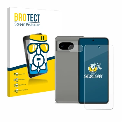 Front side of a product packaging with the brand logo BROTECT. Next to it is the device Google Pixel 8 (Front+Camera) shown wi