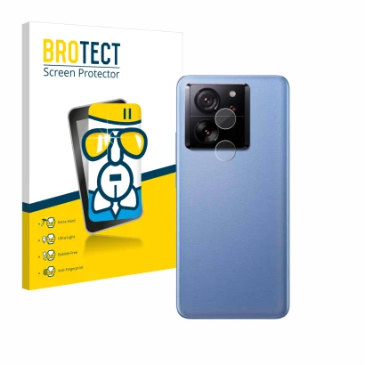 Front side of a product packaging with the brand logo BROTECT. Next to it is the device Xiaomi 13T (ONLY Camera Lens) shown wi