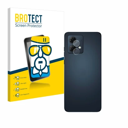 Front side of a product packaging with the brand logo BROTECT. Next to it is the device Motorola Moto G84 (ONLY Camera Lens) s