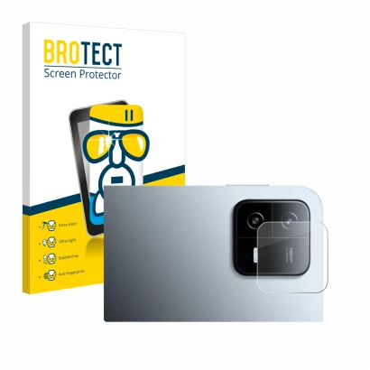 Front side of a product packaging with the brand logo BROTECT. Next to it is the device Xiaomi Pad 6 (ONLY Camera Lens) shown 