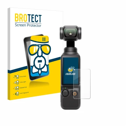 Front side of a product packaging with the brand logo BROTECT. Next to it is the device DJI Osmo Pocket 3 shown with the corre
