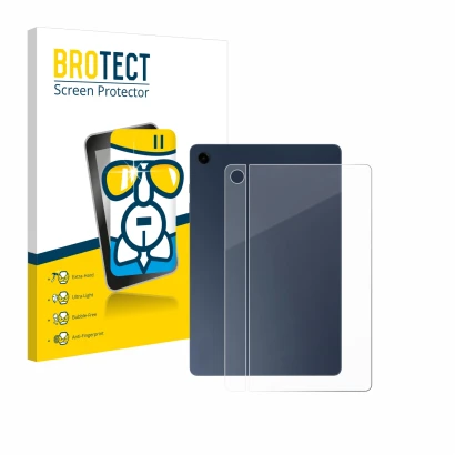 Front side of a product packaging with the brand logo BROTECT. Next to it is the device Samsung Galaxy Tab A9 Plus 5G (Back) s