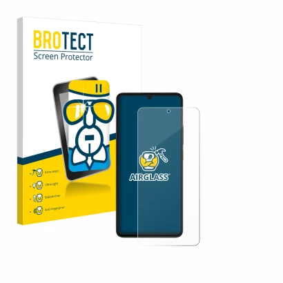 Front side of a product packaging with the brand logo BROTECT. Next to it is the device Xiaomi Poco X6 Pro shown with the corr