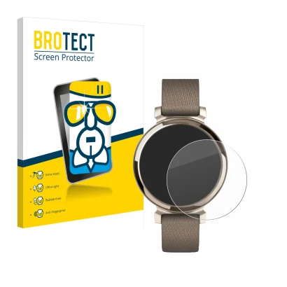 Front side of a product packaging with the brand logo BROTECT. Next to it is the device Garmin Lily 2 shown with the correspon