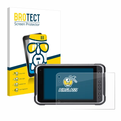 Front side of a product packaging with the brand logo BROTECT. Next to it is the device Handheld Algiz RT8 shown with the corr