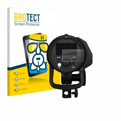 Front side of a product packaging with the brand logo BROTECT. Next to it is the device Profoto B1X shown with the correspondi