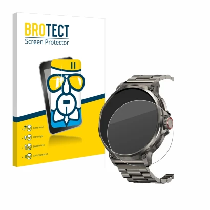 Front side of a product packaging with the brand logo BROTECT. Next to it is the device Tesofit Smartwatch 1.85" (round) shown