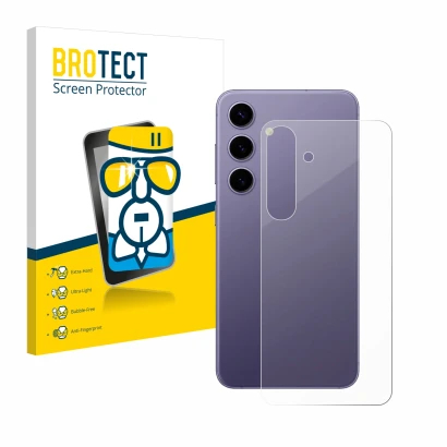 Front side of a product packaging with the brand logo BROTECT. Next to it is the device Samsung Galaxy S24 (Back) shown with t