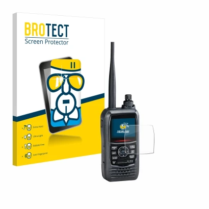 Front side of a product packaging with the brand logo BROTECT. Next to it is the device Icom IC-R15 shown with the correspondi