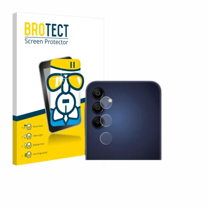 Front side of a product packaging with the brand logo BROTECT. Next to it is the device Samsung Galaxy A15 (ONLY Camera Lens)