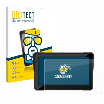 Front side of a product packaging with the brand logo BROTECT. Next to it is the device Carpuride W702 7" shown with the corre