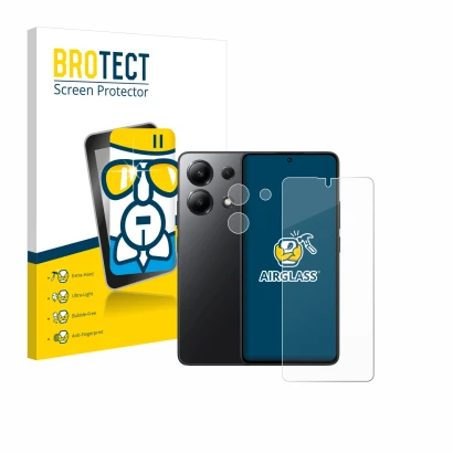 Front side of a product packaging with the brand logo BROTECT. Next to it is the device Xiaomi Redmi Note 13 5G (Front+Camera)