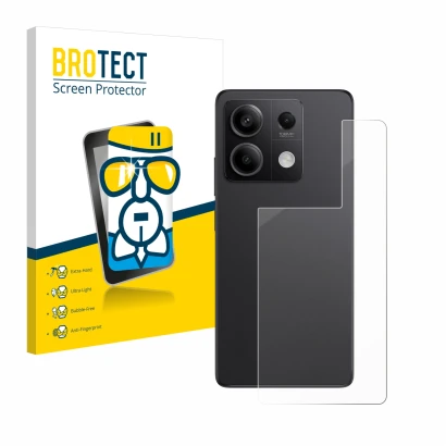 Front side of a product packaging with the brand logo BROTECT. Next to it is the device Xiaomi Redmi Note 13 Pro 5G (Back) sho