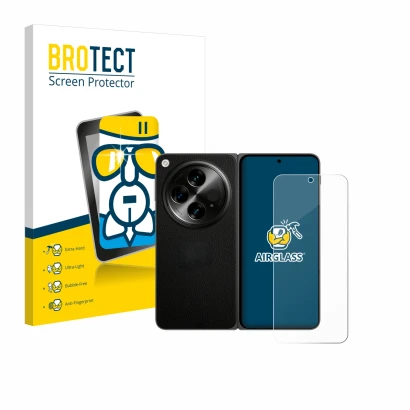 Front side of a product packaging with the brand logo BROTECT. Next to it is the device OnePlus Open (case-friendly) shown wit