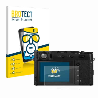 Front side of a product packaging with the brand logo BROTECT. Next to it is the device Fujifilm X100VI shown with the corresp