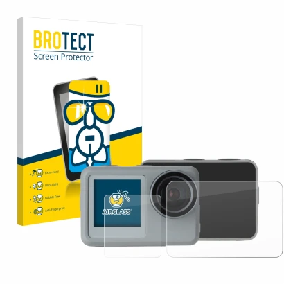 Front side of a product packaging with the brand logo BROTECT. Next to it is the device Rollei Actioncam 9s Plus shown with th