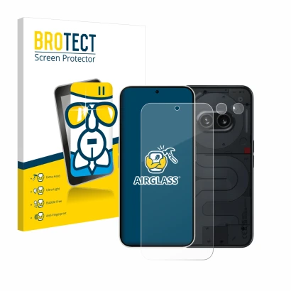 Front side of a product packaging with the brand logo BROTECT. Next to it is the device Nothing Phone (2a) (Front+Camera) show