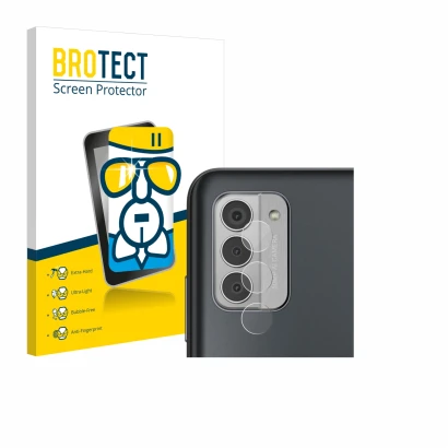 Front side of a product packaging with the brand logo BROTECT. Next to it is the device Nokia G42 5G (ONLY Camera Lens) shown 