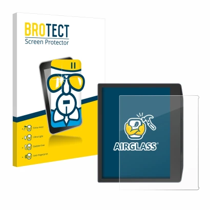 Front side of a product packaging with the brand logo BROTECT. Next to it is the device PocketBook Era Color shown with the co