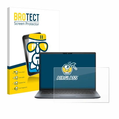 Front side of a product packaging with the brand logo BROTECT. Next to it is the device Dell Latitude 7350 Laptop shown with t