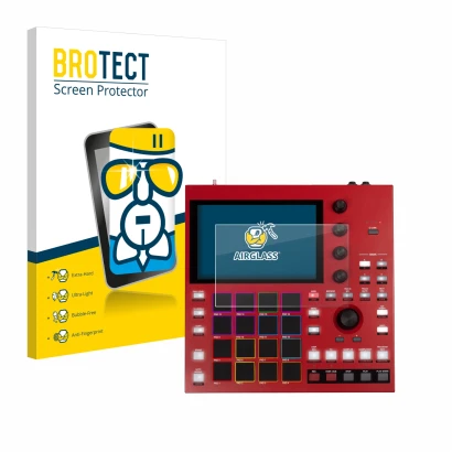 Front side of a product packaging with the brand logo BROTECT. Next to it is the device Akai MPC One+ shown with the correspon